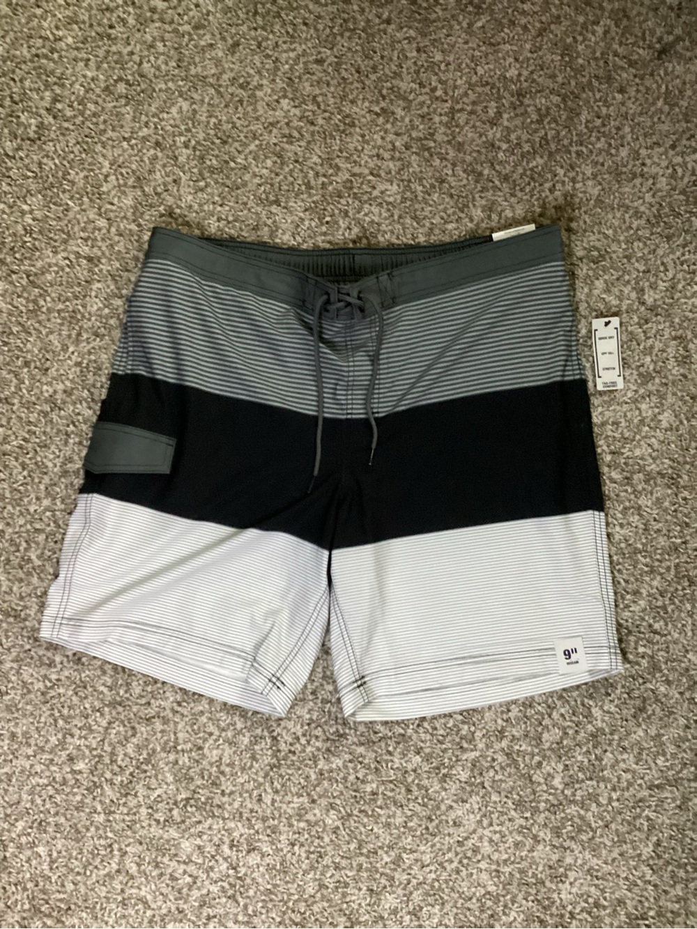 George Black, Gray & White Striped Athletic Swim Shorts